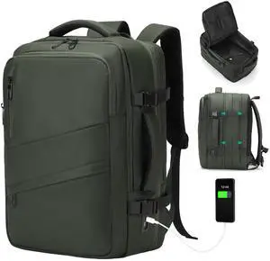 SUIKIHUM Travel Carry on Backpack, 18.9" Flight Approved, Expandable Weekender Bag with Waterproof USB A/C Port, Equivalent to 18" Suitcase, Green