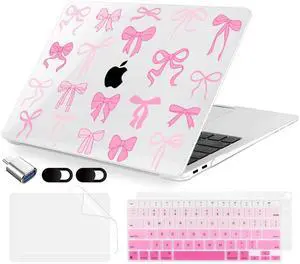MecBevia Compatible with MacBook Air 13.3 inch Case 2021-2018 Release A2337 M1 A2179 A1932 Touch ID, Plastic Hard Shell&Keyboard Cover&Screen Protector&Webcam Cover&Type-C Adapter, Pink Bows