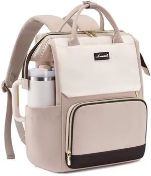 LOVEVOOK Laptop Backpack for Women with Giant Tumbler Holder Pocket, 15.6 inch Travel Work Bag Purse for Nurse Teacher, Waterproof Casual Daypack for College Business Beige