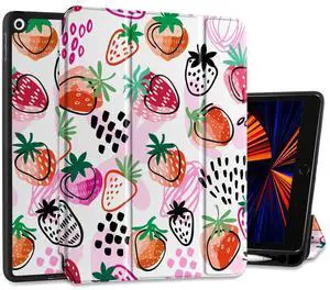 DONGKE Case Compatible with iPad 10.2 Inch 2021 2020 2019 iPad 9th/8th/7th Generation with Pencil Holder, Slim Stand Protective Case with Soft TPU Back, Auto Sleep/Wake Cover, Strawberrys