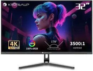 Kroteaup 32 Inch UHD Gaming Monitor, (3840 X 2160) Computer Monitor, HDR400, DCI-P3 86%100% sRGB, Eye Care, Freesync, HDMI, Dp Port and Built-in Speaker, Support Wall