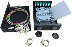 6-Port Fiber Optic Wall Mount Enclosure, OM3 Multimode LC-UPC, 12-Core Box with Pigtails, Black