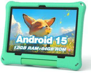 Kids Tablet, 10.1 Inch Android 15 Tablet for Kids, 12GB+64GB, Octa-Core, 6000mAh Battery, WiFi 6, Pre-Installed Kids Apps, Parental Control, with EVA Protective Case  Ideal Gift for Toddler (Green)