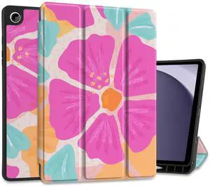 MEEgoodo Case for Samsung Galaxy Tab A9 Plus 11 inch Cover 2024 2023 with S Pen Holder, A9+ Smart Tablet Cases with Leather Trifold Stand+Soft TPU Back Shell+Smart Auto Wake/Sleep, Hand-Drawn Blossom