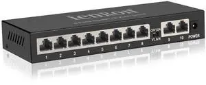 10 Port Gigabit Ethernet Switch, 8 Port Gigabit + 2 Uplink Ports, Unmanaged Network Switch with AI VLAN Detection, Plug & Play, Fanless Metal Design ,4KV Lightning Protection for Home & Office