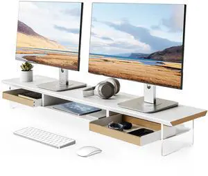 Fenge Acrylic Monitor Stand, 2 Tier Dual Monitor Riser with Solid Wood Drawers, 42.5 Inch Computer Stand for Two 27 Inch Monitors, Desk Shelf for PC, Laptop, Printer, TV, White