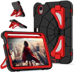 Kezigud for iPad mini 7th 2024 (A17 Pro) / Mini 6th Gen 8.3" Case,Heavy Duty Shockproof Rugged Hybrid with Pencil Holder Stand Military Grade PC Silicone for Kids Child Apple iPad mini 7/6(Black+Red)