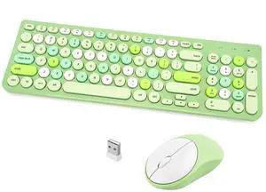 Wireless Keyboard and Mouse Combo, Retro Typewriter Keyboard with Round Keycaps, 2.4GHz USB Cute Wireless Keyboard Mouse for Computer, Desktop, Laptop (Green Colorful)