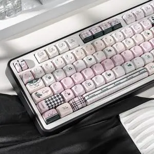 COOMICKEY MOA Profile Cute Keycaps, 134 Keys PBT Keycaps Set, Black Swan Pink Keyboard Caps, Custom Dye Sublimation Key Caps for 61/64/68/84/87/100/104/108 Cherry MX Mechanical Keyboards