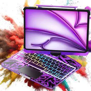TSQQST Clear Wireless Keyboard Case for iPad Air 13 Inch (M3/M2, 2025/2024)/ iPad Pro 12.9" (6/5/4/3 Gen), 7-Color Backlit, Pencil Holder & Multi-Touch Trackpad, 360 Rotatable, Purple