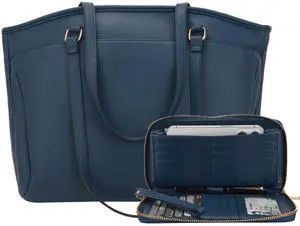 YZAOLL 15.6 Inch Laptop Tote Bag for Women,Water-resistant Vegan Leather with Anti-Scratch Padded Sleeve,Lightweight Multi-Pocket Work Bag for Business Travel,College,Office Essentials,SeaBlue