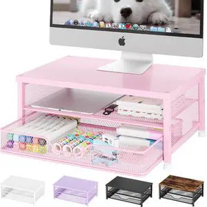 OPNICE Computer Monitor Stand Riser, Desk Organizers and Accessories with Drawer, Laptop Stand, Office Desk Accessories & Workspace Desktop Organizers Storage for Office Supplies(Pink)