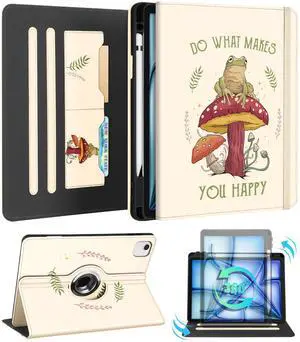 Kidcube for iPad Air 11 Inch Case M3/M2, Air 5th/4th Generation Cases 10.9'', Pro 11'' 2020 - Women Girls Aesthetic Cute Rotating Stand Folio Cover with Pencil Holder & Card Slot Cool Frog Mushroom