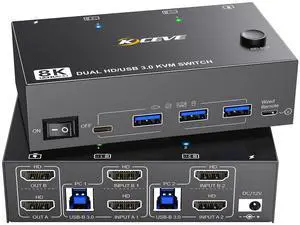 8K KVM Switch 2 Monitors 2 Computers, KCEVE Dual Monitor USB 3.0 HDMI KVM Switches, Support 7680x4320@60Hz, 3840x2160@120Hz Resolution for 2 Computers Share Mouse Keyboard and Monitor