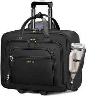 Ytonet Rolling Laptop Bag Women, 17.3 Inch Laptop Briefcase with Large Cup Holder, Carry On Luggage with Insulated & Waterproof Pocket, Roller Bag with Lock, Teacher Bag for Work Travel,Black