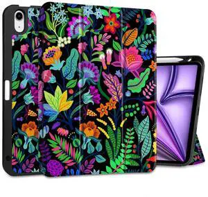 MEEgoodo Case for M3/M2 iPad Air 11 inch 2025/2024, Case for iPad Air 5th/4th Gen 10.9 inch 2022 2020, Tablet Cover with TPU Back Shell, Bright Flowers & Tropic Leaves