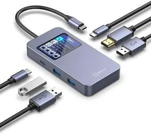 USB C Hub 6 in 1 Smart Docking Station with Screen HDTV 4K@60Hz 100W PD Fast Charging USB-C/A 5Gbps 3.0 Date Ports Travel-Friendly for Dell HP MacBook Air/Pro, iPad, Surface, Samsung Galaxy and More.