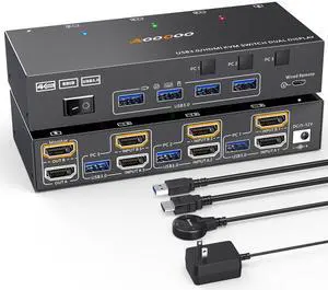 HDMI KVM Switch 2 Monitors 3 PC 4K@60Hz/2K@120Hz KVM Switches with USB 3.0 Port,Wired Remote,Power Adapter and USB3.0 Cables Included