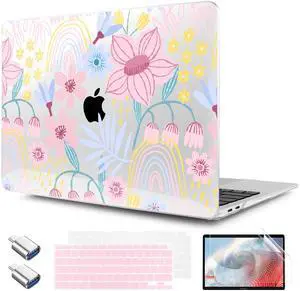 TWOLSKOO for MacBook Air 13.3 inch Case 2021 2020 2019 2018 Release M1 A2337 A2179 A1932 with Touch ID, Plastic Hard Shell Case & Keyboard Cover & Type C Adapter, Floral Spring
