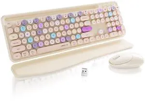 FCPLU xUBOTIE Wireless Keyboard and Mouse, Colorful 104-Key QWERTY with Round Keys, Phone Holder, Wrist Rest, Power Buttons, 2.4GHz USB for PC Laptop(Khaki Colorful