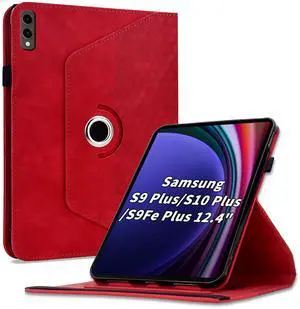Varohix Case for Samsung Galaxy Tab S10 Plus 2024/ S9 Plus/S9FE Plus 12.4,360 Degree Rotating PU Leather Folio Protective Cover with Auto Sleep/Wake,Card Holder&Shoulder Strap for Woman Man, Red