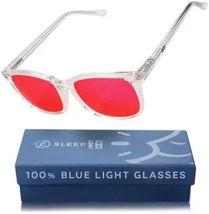 Sleep ZM Blue Light Blocking Glasses for Women + Men - Better Sleep + Anti Eye Strain Protection - Computer Screens & Gaming - Crystal Wayfarer - 100% Night-timeMax Red Lens