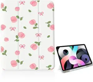 Girly Pink Bow Tulip Case for iPad 11 inch (A16 Chip) 2025 Generation 11th/iPad 10.9 inch 2022 10th Gen with Pencil Holder and Auto Sleep/Wake,White Leather Soft TPU Back Shell Stand Cover