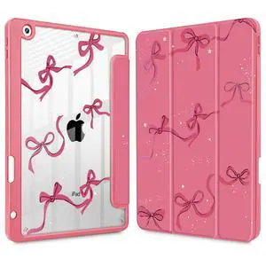 May Chen for iPad 9th Generation with Pencil Holder, iPad 8th/7th Gen Case 10.2-inch, [Penceil Holder] Trifold Stand Auto Wake/Sleep Clear TPU Protection Back Cover, Watermelon red Bow