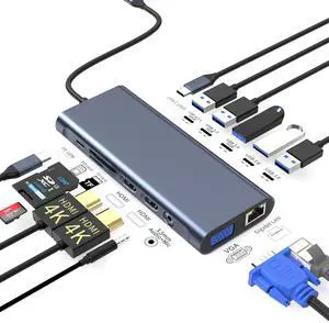 14 in 1 USB C Docking Station Dual Monitor, Laptop Docking Station Triple Display, 2 HDMI, VGA, Ethernet, 6 USB C/A Ports, 100W PD, SD/TF, Mic/Audio, Compatible for MacBook, Dell, Lenovo, Surfacee