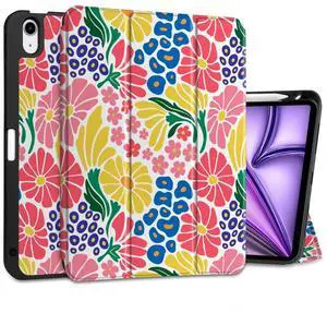 MEEgoodo Case for iPad Air 11 inch (M3) 2025/ (M2) 2024, Cover for iPad Air 5th Generation/iPad Air 4th Generation 10.9 inch 2022 2020, Tablet Cases with Pencil Holder, Groovy Flower