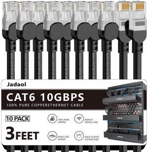 Jadaol Cat 6 Ethernet Cable 3 ft 10Pack, Outdoor&Indoor, 10Gbps Support Cat8/7 Network, 24AWG Pure Copper Patch LAN Cord, Direct Burial Waterproof UV Resistant for Router, Modem, Switch, Server, Black