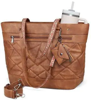 FADEON Quilted Tote Bag for Women, Designer Laptop Purse with Compartments, Large Leather Shoulder Handbag for Travel, Work, Daily, Teacher Brown