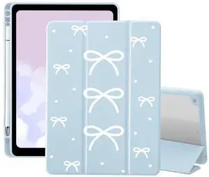 Bow Girly Case for iPad (A16) 11th Generation 2025 11 Inch/iPad 10th Generation 2022 10.9 Inch with Pencil Holder Trifold Stand Blue Leather Girly Cover Clear Back Shell Auto Wake/Sleep