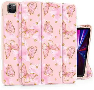 Tuiklol Case for iPad Pro 11 Inch 4ht/3rd/2nd/1st Gen 2022 2021 2020 2018 Release, Build-in Pencil Holder with Slim Stand TPU Back Cover & Trifold Stand & Auto Wake/Sleep Tablet Case,Butterfly Pink