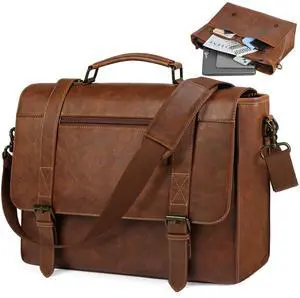 RAINSMORE Messenger Bag for Men 15.6 Inch Leather Vintage Laptop Bag Waterproof Satchel Briefcase for Computer Office Work Travel College, Brown