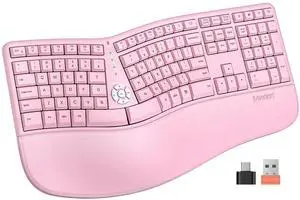 MEETION Ergonomic Keyboard Wireless, Split Curved Keyboard with Cushioned Wrist Palm Rest, Natural Typing Full Size with USB-C Adapter for PC/Laptop/Windows/Mac, Pink