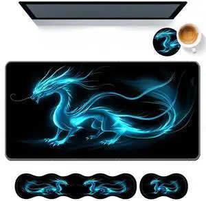DHEEBFWE Keyboard Mouse Pad Set,Large Desk Pad+Keyboard Wrist Rest+Mouse Wrist Support+Coaster,Easy Typing Pain Relief Non-Slip Wrist Support Mousepad Set Home Office,Blue Dragon