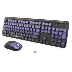 Wireless Keyboard and Mouse Combo, 2.4GHz Colorful Cute Round Keycaps Keyboard for Office Computer PC Desktops Laptop (Purple Black)