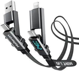 Haiteron 4 in 1 Charging Cable 5FT,240W USB C to USB C Cable Fast Charging Flat Braided iPhone Charger Cord Combo USB A/C to C/L with LED Display, Type C Charging Cord for iPhone 16/15,MacBook,iPad