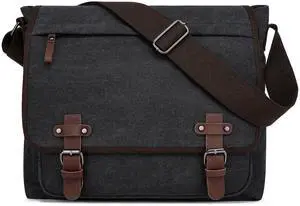 LUNLOPIK Mens Canvas Messenger Bag Vintage 15.6 Inch Laptop Satchel Bags Fits Computer, Black Briefcase Shoulder Bag for Work College Travel, Black
