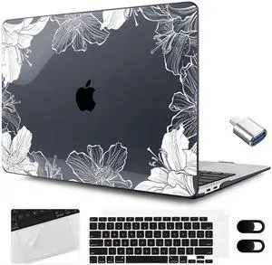 MEEgoodo for MacBook Air 13.3 inch Case 2021 2020 2019 2018 A2337 M1 A2179 A1932, Laptop Shell for MacBook Air M1 with Keyboard Webcam Cover & Trackpad Film & Type C Adapter,Lily Floral