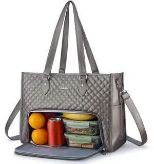 Ralnitote Laptop Tote Bag with Insulated Lunch Compartment for Women, PU Leather 15.6 Inch Work Bag, Elegant Computer Handbag, Versatile Business Tote for Office,Travel or Casual-Mocha Bronze