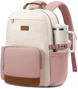 LOVEVOOK Laptop Backpack for Women with Pouch Pocket for Large Capacity Cup,17 Inch Teacher Nurse College Work Backpack Purse,Waterproof Laptop Bag Computer Back Pack for Travel, Beige-Pink-Brown