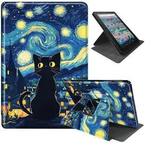 DEGDFSGR for All-New Amazon Kindle Fire HD 10 Tablet (13th Generation, 2023 Release), Soft TPU Buffer PU Leather Cover, Auto Wake/Sleep 360° Swivel Stand for Kindle Fire 10, Starry Night Black Cat