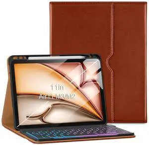VIKESI Keyboard Case for iPad Air 11-inch M3/M2 (2025/2024 Released) & iPad Air 5th/ 4th Generation 10.9-Inch,Leather Cover, Built-in Breathing Light, Function Row,Pencil Holder,Card Slots -Tea Brown