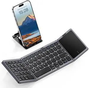 kidopire Foldable Bluetooth Keyboard with Touchpad, Wireless Folding Portable Keyboards with Stand Holder, Ultra Slim Travel Keyboard for Android Windows iOS Tablet, Pocket-Sized, Gray