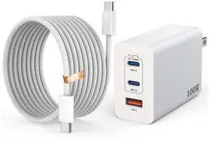 100W USB C Charger,GaN 3-Port Super Fast Charger(Dual Port Type C+A)100W USB-C Laptop Fast Charging Block with 6FT Woven Type C-C Cable for MacBook Pro/Air,iPad Pro/Air,iPhone17/16/15 Air Pro Max Plus