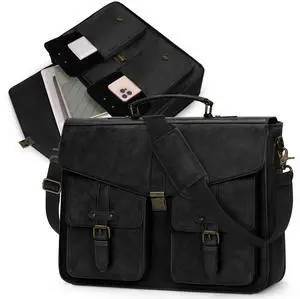 RAINSMORE Messenger Bag for Men 17 Inch Laptop Briefcase Waterproof PU Leather Large Satchel Computer Bag Vintage Shoulder Bag Professional Laptop Bag for Work, Office, Business, Black
