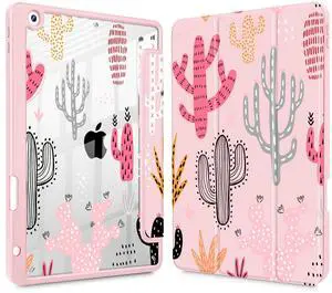 Tuiklol for iPad 10.2 case 2021 Gen 9th Release Built in Pencil Holder - Trifold Stand-Auto Wake/Sleep TPU Protection Stand Clear Back Cover for 2020 2019 [8th/7th] iPad 10.2 Case,Cactus