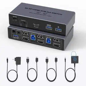 8K KVM Switch for 2 Computers 2 Monitors HDMI+DisplayPort, Aluminum 8K@60Hz KVM Switcher for 2 PC Share Dual Monitors and 4 USB 3.0 Ports, Support Extended/Copy Mode, with Desktop Controller
